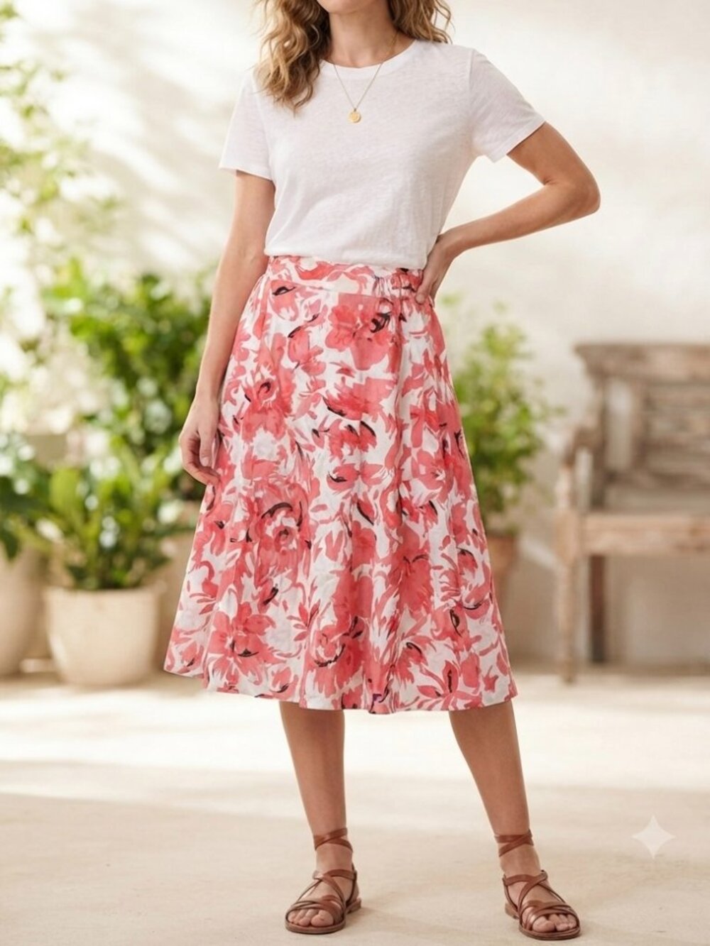 Elementz 100% Linen Floral Print Midi Skirt Size Large Boho Casual Cottagecore